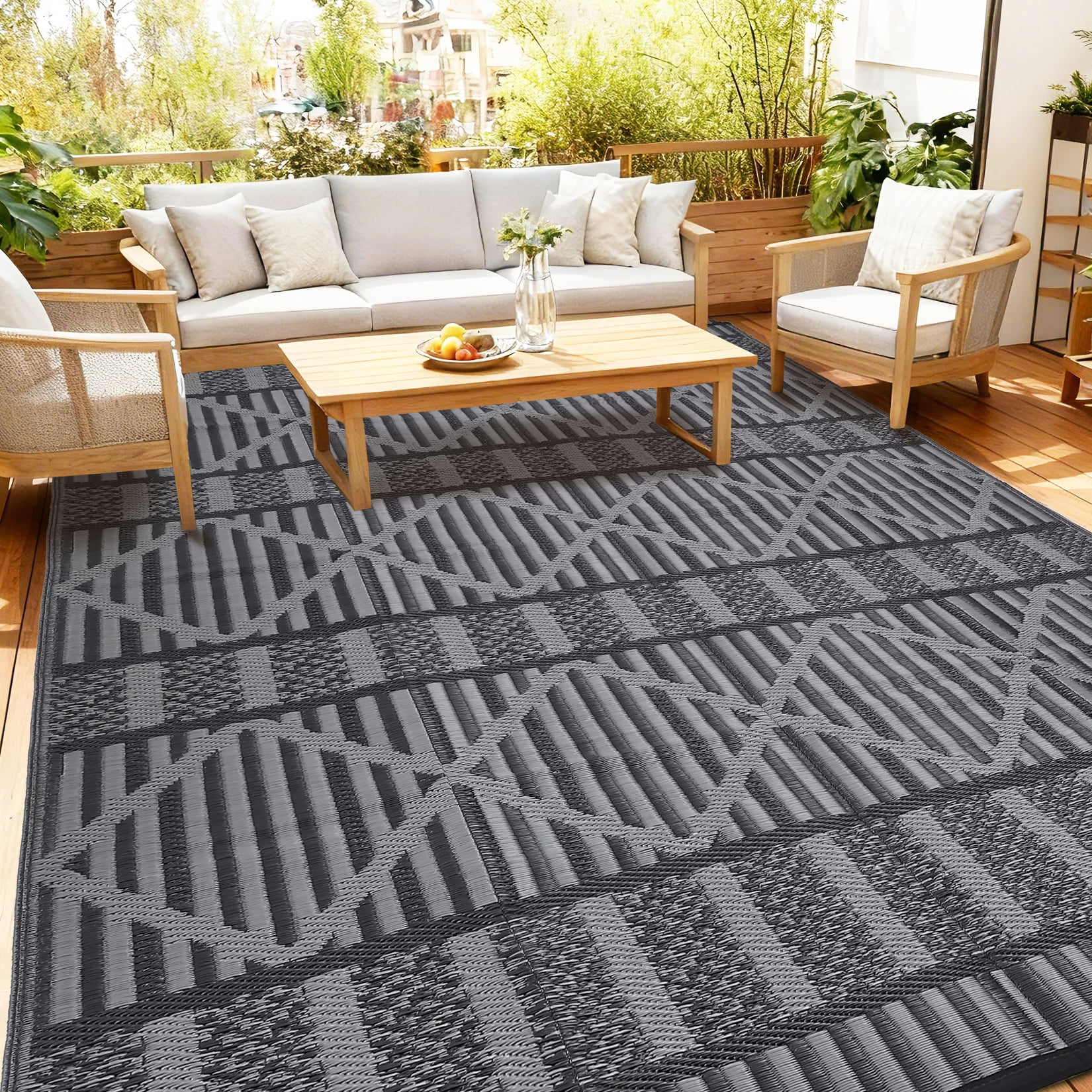 Garvee 9'x18' Outdoor Rug Waterproof Outdoor Patio Rug Mat, Reverisble Plastic Straw Outdoor Rug for RV Camping Picnic Beach Balcony, Black and Gray