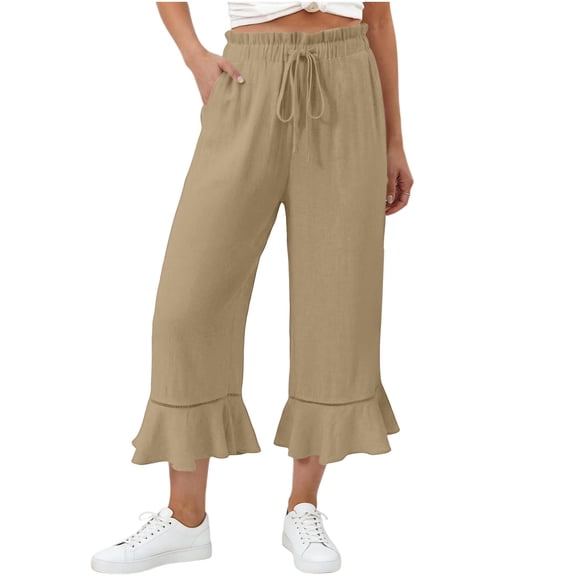Qgtaibl Women's Elastic Waist Cotton Capri Pants Fashion Drawstring Ruffle Hem Lounge Cropped Pants Summer Loose Fit Flowy Beach Wide Leg Pants with Pockets Khaki S