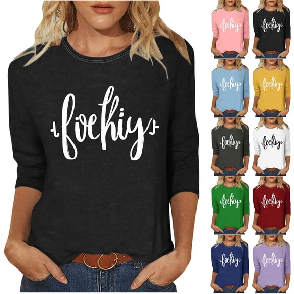 FRSASU 3/4 Length Sleeve Womens Tops Casual Letter Printed Loose Fit Crewneck T Shirts Cute Solid Color Tunic Tops Yellow