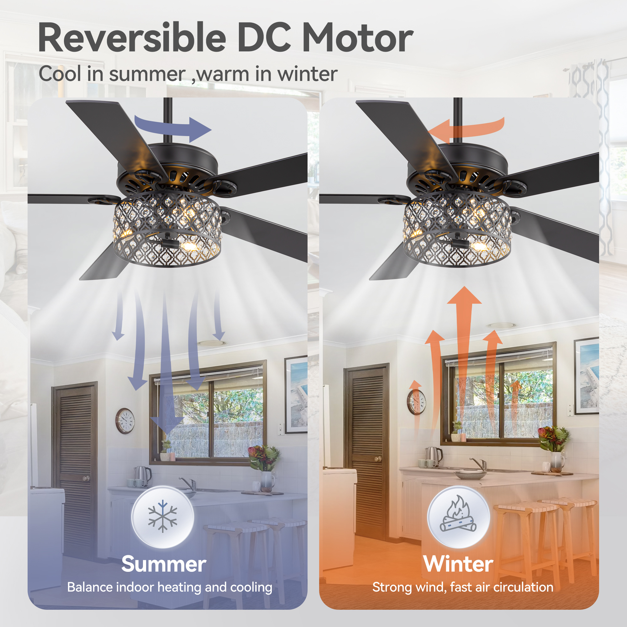 ALKAFY 52 inch Traditional Black Ceiling Fan with Light & Remote - Reversible Blades for Bedroom/Living/Dining