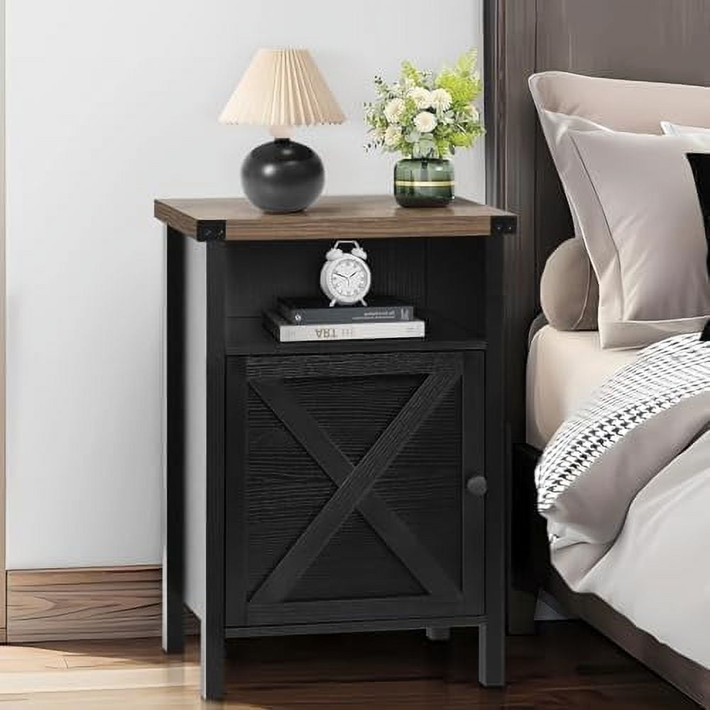 4 EVER WINNER Industrial Barn Door Side Table Set of 2, Black End Table with Barn Door Storage, Bedside Table for Bedroom Living Room