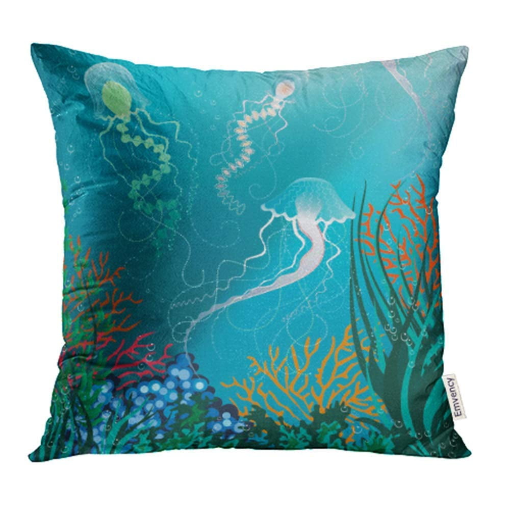 CMFUN Blue Underwater Jellyfish Colorful Coral Reef Aquarium Sea Marine Seaweed Deep Pillow Case