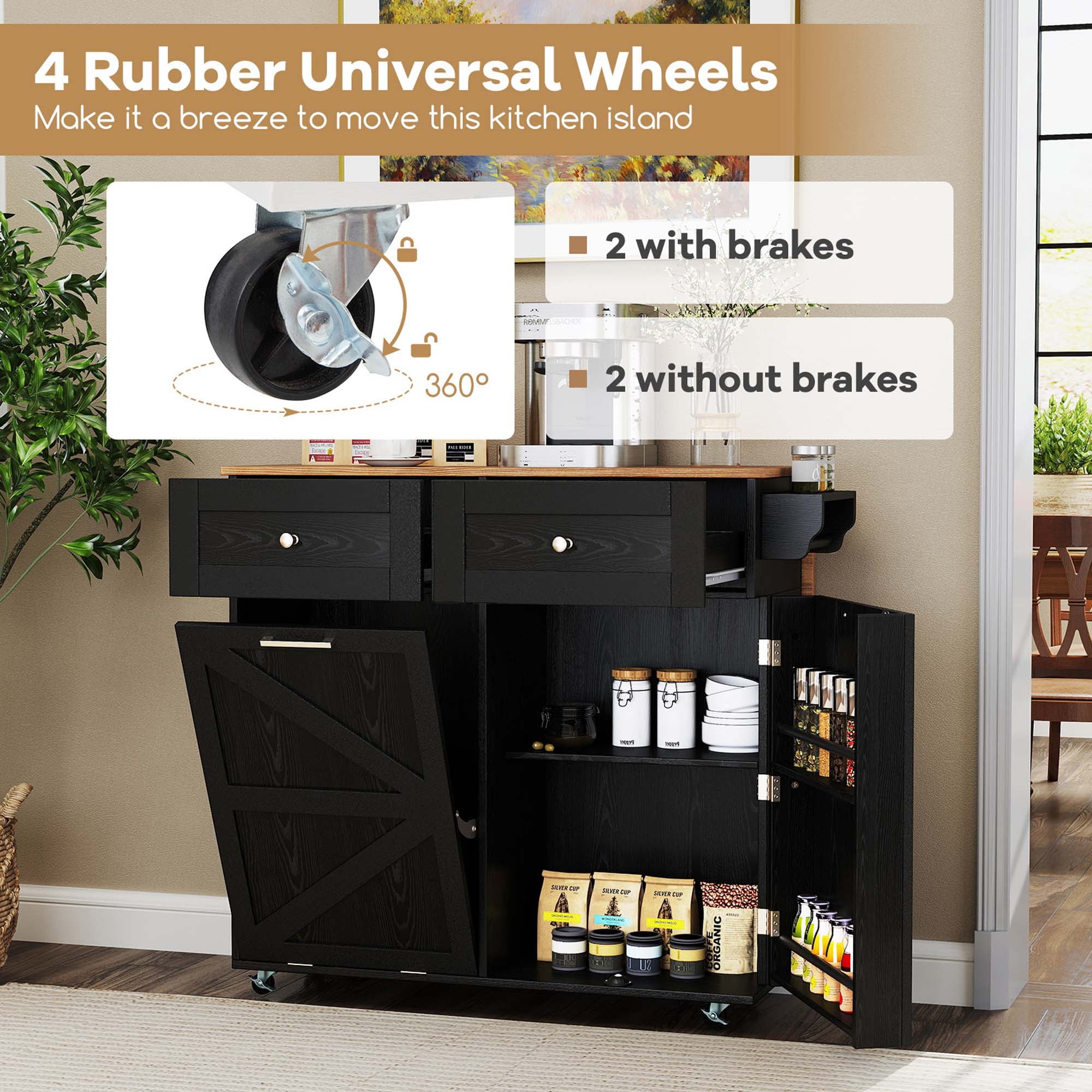 Costway Rolling Kitchen Island Kitchen Island Cart with Drop Leaf Trash Can Cabinet Black