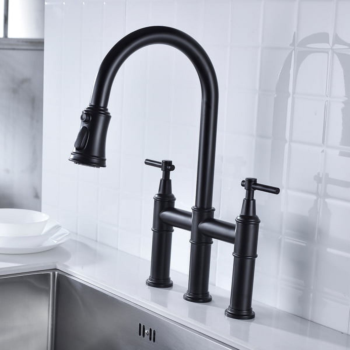 Matte Black Double Handle Pull-Down Kitchen Faucet - Brass Dual-Function Sprayhead, 360° Swivel & Transitional Design for 3-Hole Sinks