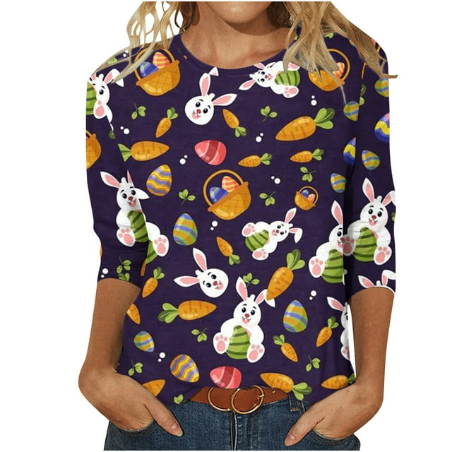 Birdeem Mode Femme Manches Courtes Col Rond Rétro Imprimé Haut Ample Blouse Manches Trois-Quarts