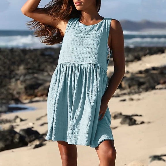 Vivianyo HD Sleeveless Maxi Dress for Women Women's Fashion Casual Comfort Solid ColorBack Hollowed Out Button Sleeveless Round-Neck Dress