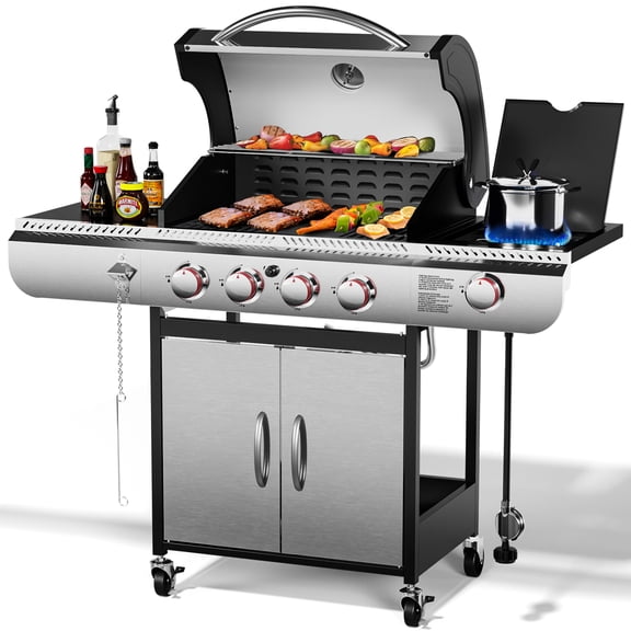4-Burner Propane Gas Grill with Side Burner,42000 BTU Stainless Steel BBQ Grill with Side Shelves and Wheels,Outdoor Grill for for Patio,Backyard,Garden,Camping Cooking
