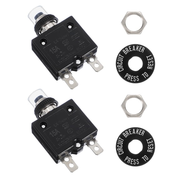 Uxcell 2 Pack 15Amp Push Button Circuit Breaker, 125/250V AC 50V DC Manual Reset Thermal Overload Protector with Waterproof Button Caps