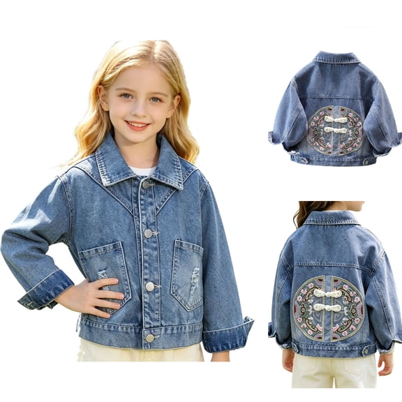 Sentuca Denim Jackets for Girls Size 3Y Button Down Embroidery Jean Jackets Coat with Pockets Long Sleeve Fashion Solid Color Cute Toddlers Coats