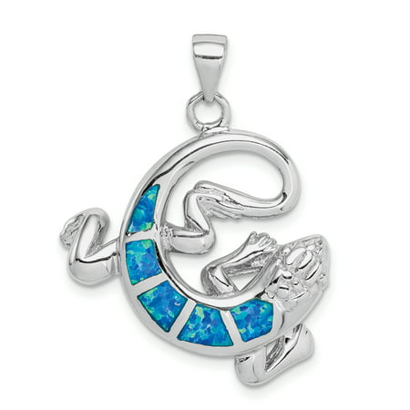 Sterling Silver Rhodium-plated Created Blue Opal Gecko