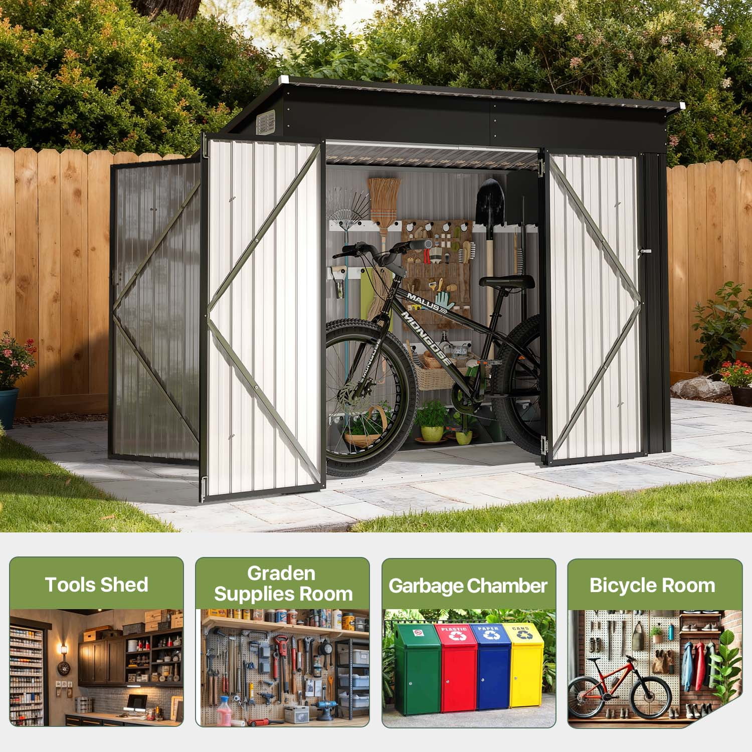 BaPiPro 8'x4' Metal Storage Shed - Lockable Bike Shed with Triple Doors & Vents, Outdoor Storage and Shed for Garden, Backyard, Patio, Black