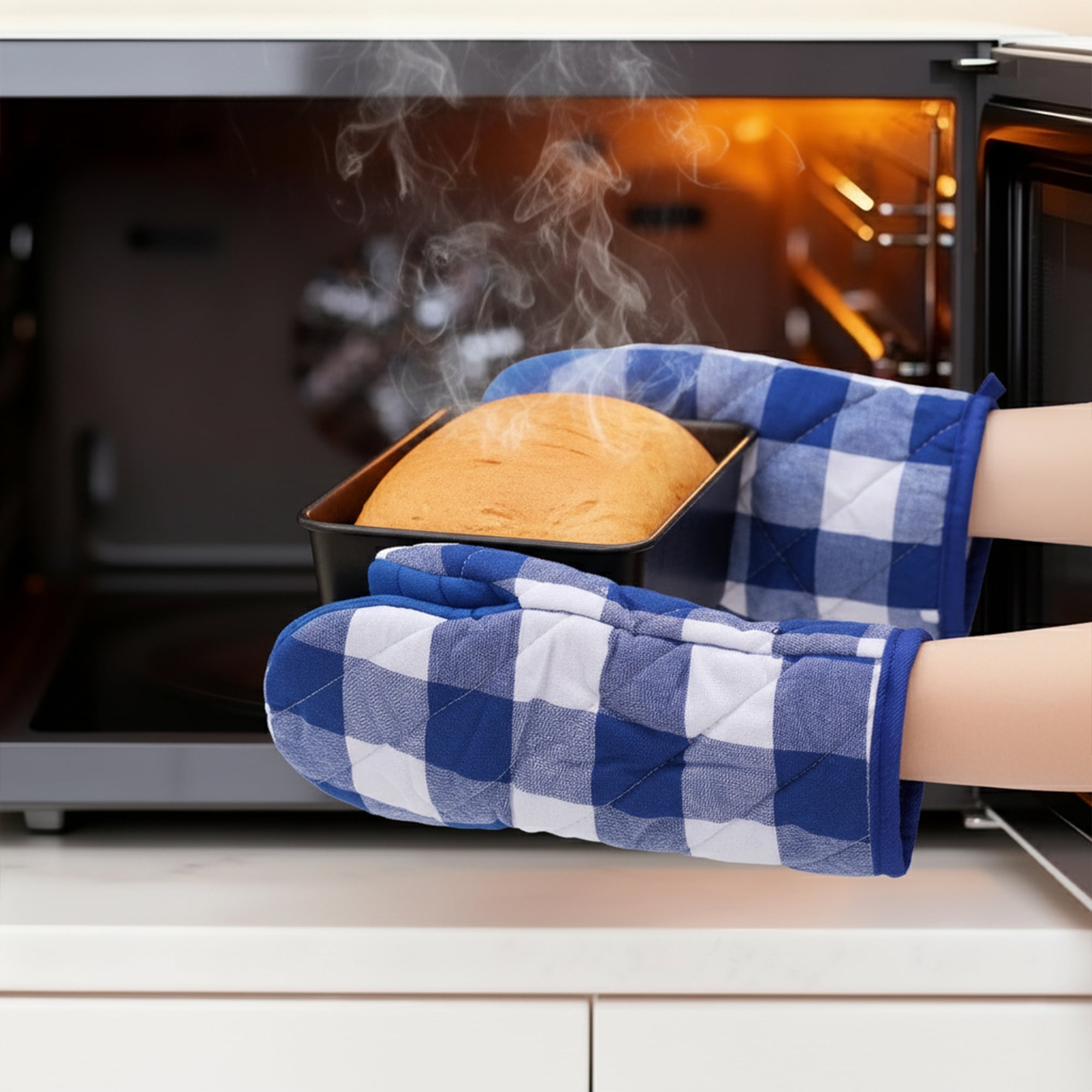 Unique Bargains 2pcs Soft Heat-Resistant Thick Cotton Lining Oven MittsBlue 11.4" x 5.9"
