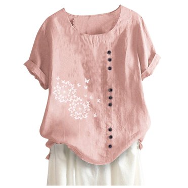 Hauts d'Été pour Femmes 2024 Chemises à Imprimé Pissenlit pour Femmes Grande Taille T-Shirts à Manches Courtes Blouses en Coton et Lin Grandes Tailles T-Shirt Léger et Fin