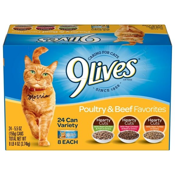 9Lives Poultry and Beef Favorites Variety Pack Wet Cat Food, 5.5-Ounce Can, 24 Count