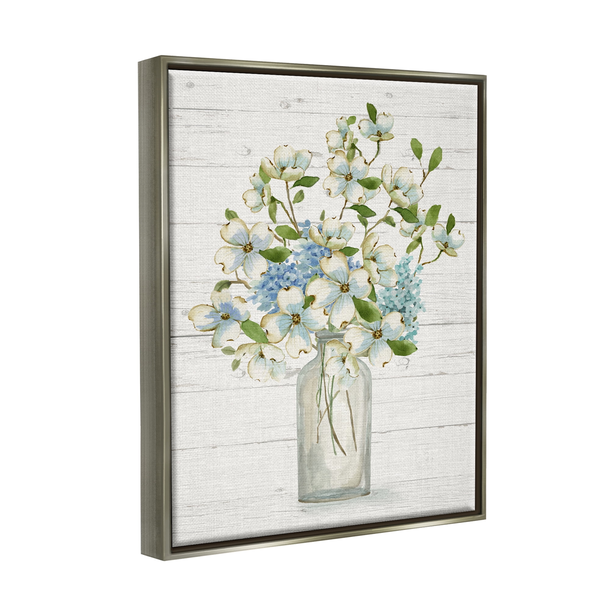 Stupell Industries Rustic Planked Dogwood Bouquet Botanical & Floral Painting Gray Floater Framed Canvas Art Print Wall Art, 17 x 21