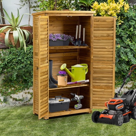 YIYADO Outdoor Storage Cabinet, Lockable Door Wooden Garden Shed with 2 Removable Shelves, with Large Storage Space for Patio, Garden, Backyard, Lawn, Brown