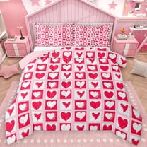 Homewish Kawaii Pink Loves Queen Comforter Set,Modern Geometric Checkered Bedding Sets,Pink White Bedding Comforter Set For Girl Teens,Ultra Soft Home Decor Reversible,3-Piece