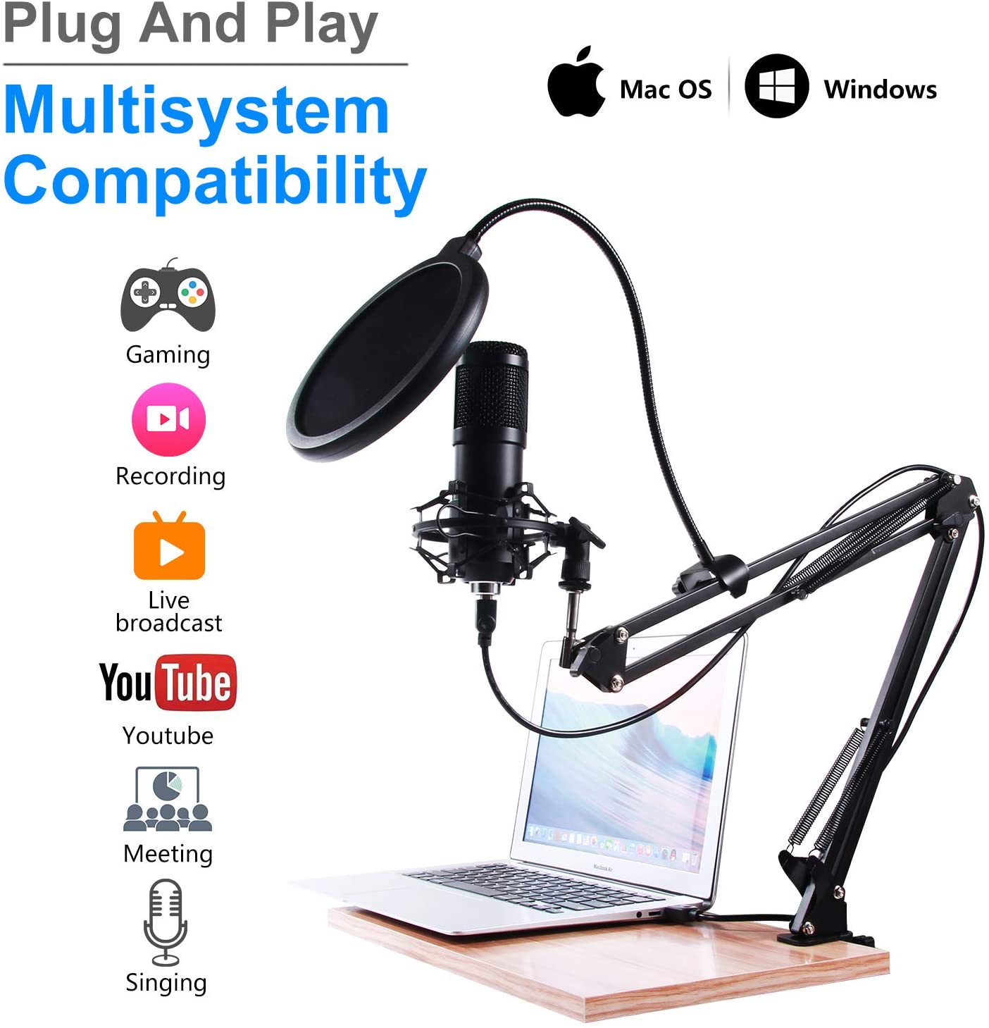 GLUAAE USB Gaming Microphone Condenser Kit with Boom Arm photo 2