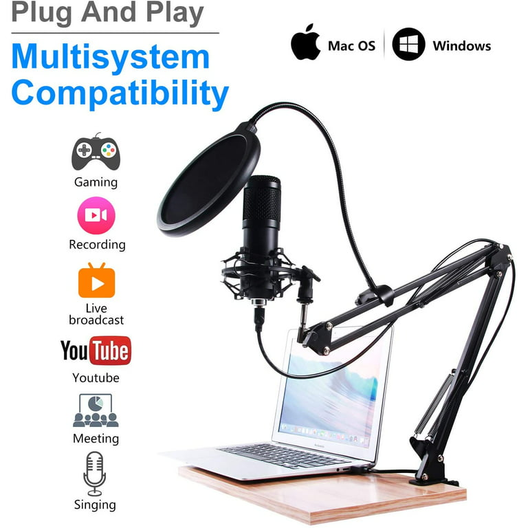 Podcast Microphone, USB Condenser Microphone Kit 192kHZ/24bit Plug & Play  Computer PC Microphone Studio Streaming Cardioid Mic with Professional  Sound