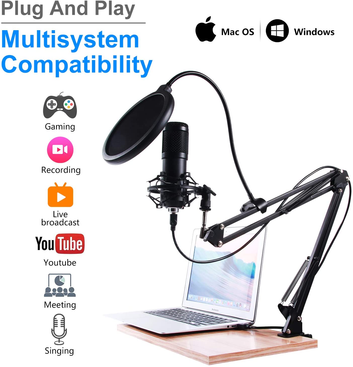 USB Condenser Microphone for Computer PC 192KHZ/24BIT Professional Cardioid Microphone Kit with Adjustable Scissor Arm Stand Shock Mount Pop Filter for Karaoke, YouTube, Gaming Recording - image 5 of 8