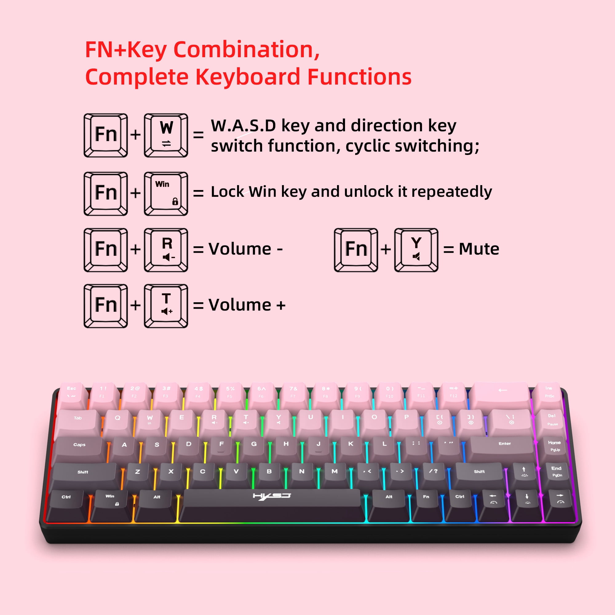 Gaming Keyboard Wired,60% 68 Keys Mini Keyboard Multimedia & Anti-ghosting Keys for Windows Computer Laptop PC Mac Gamer,Pink and Black
