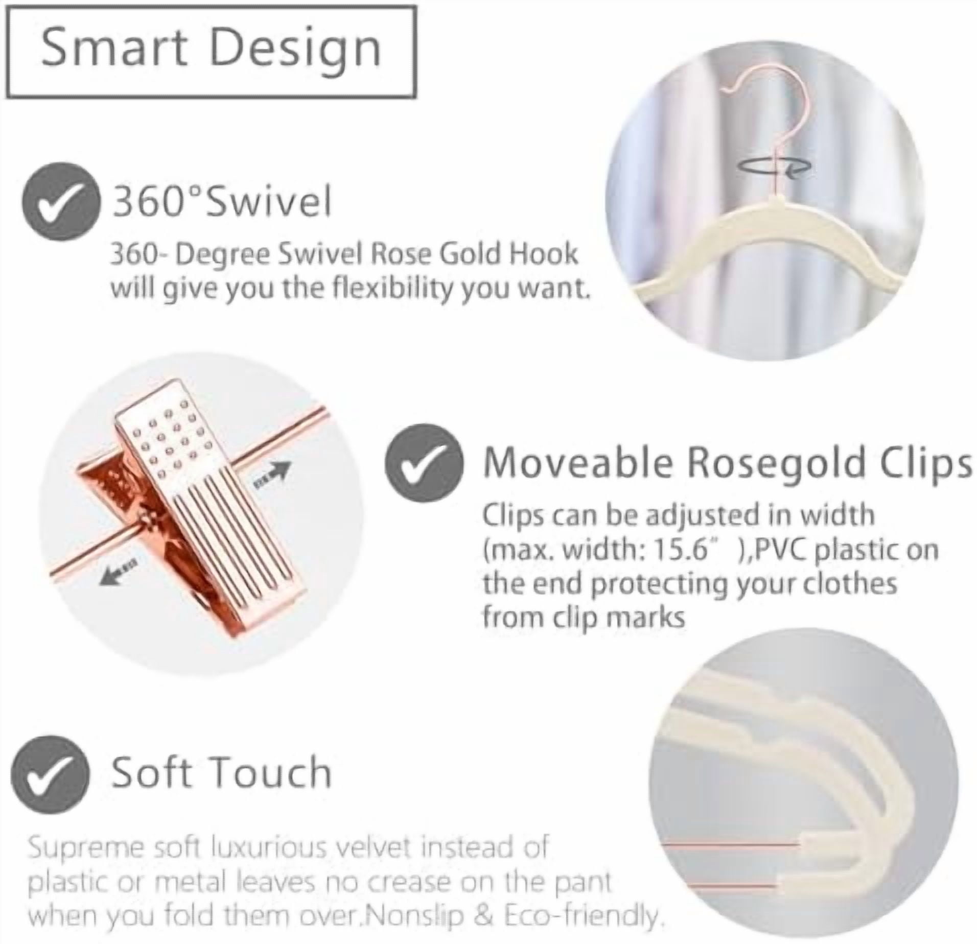 Premium Velvet Pants Hangers with Clips (Pack of 10) Slim Skirt Hangers- Non Slip Felt Outfit Dress Hangers Ivory - Copper/Rose Gold Hooks,Space Saving Shirt Clothes Hangers