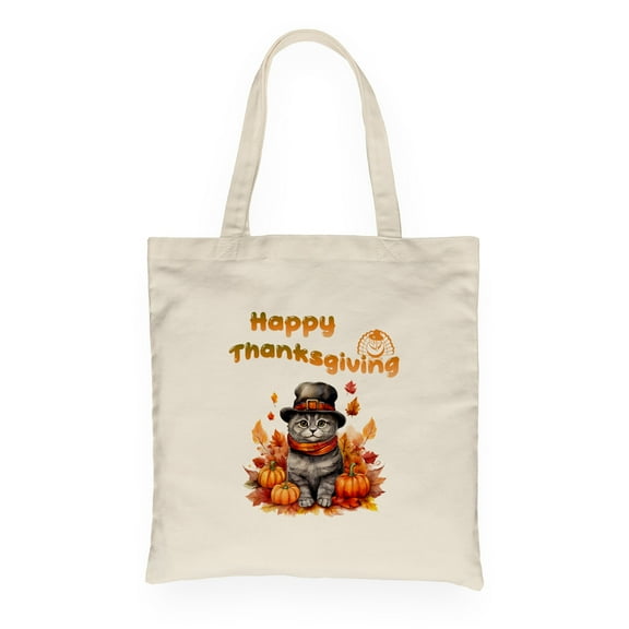 Happy Thanksgiving Scottish Fold Welcome Thankful Fall Autumn Pumpkin Canvas Tote Bag Cat Lover Kitten Owner Gifts Reusable Shopping Grocery Bag - 02021
