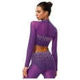 thumbnail image 4 of Sholeno Womens Glittery Rhinestone Dance Crop Tops Mesh Long Sleeve Pullover Cropped Shirt Dancewear Purple M, 4 of 5