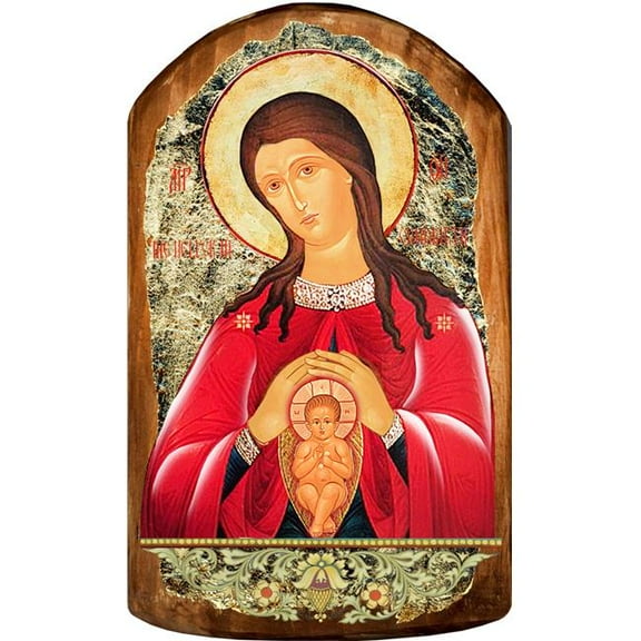 Blessed Virgin Mary Life-Giving Icon Painting on Gold-Plated Wooden Block