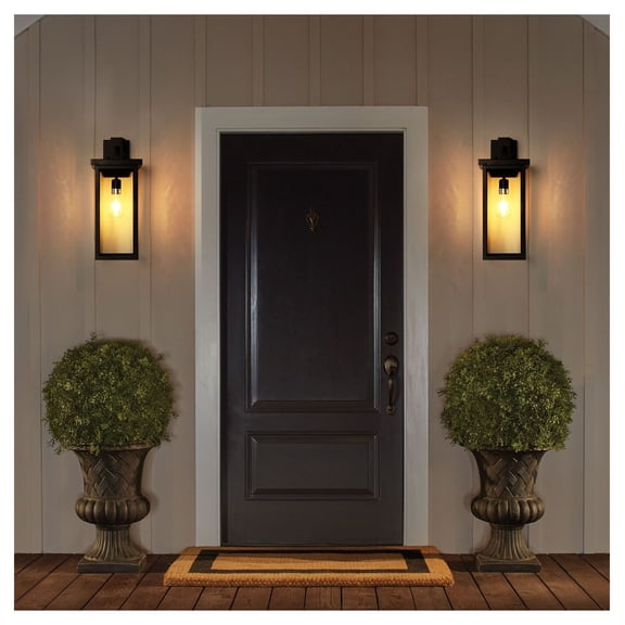 Outdoor Wall Lanterns 20" Set of 2, Black Metal & Glass, Light Sensor, Weatherproof Porch Lights, E26 Bulb Compatible, Entryway Sconces