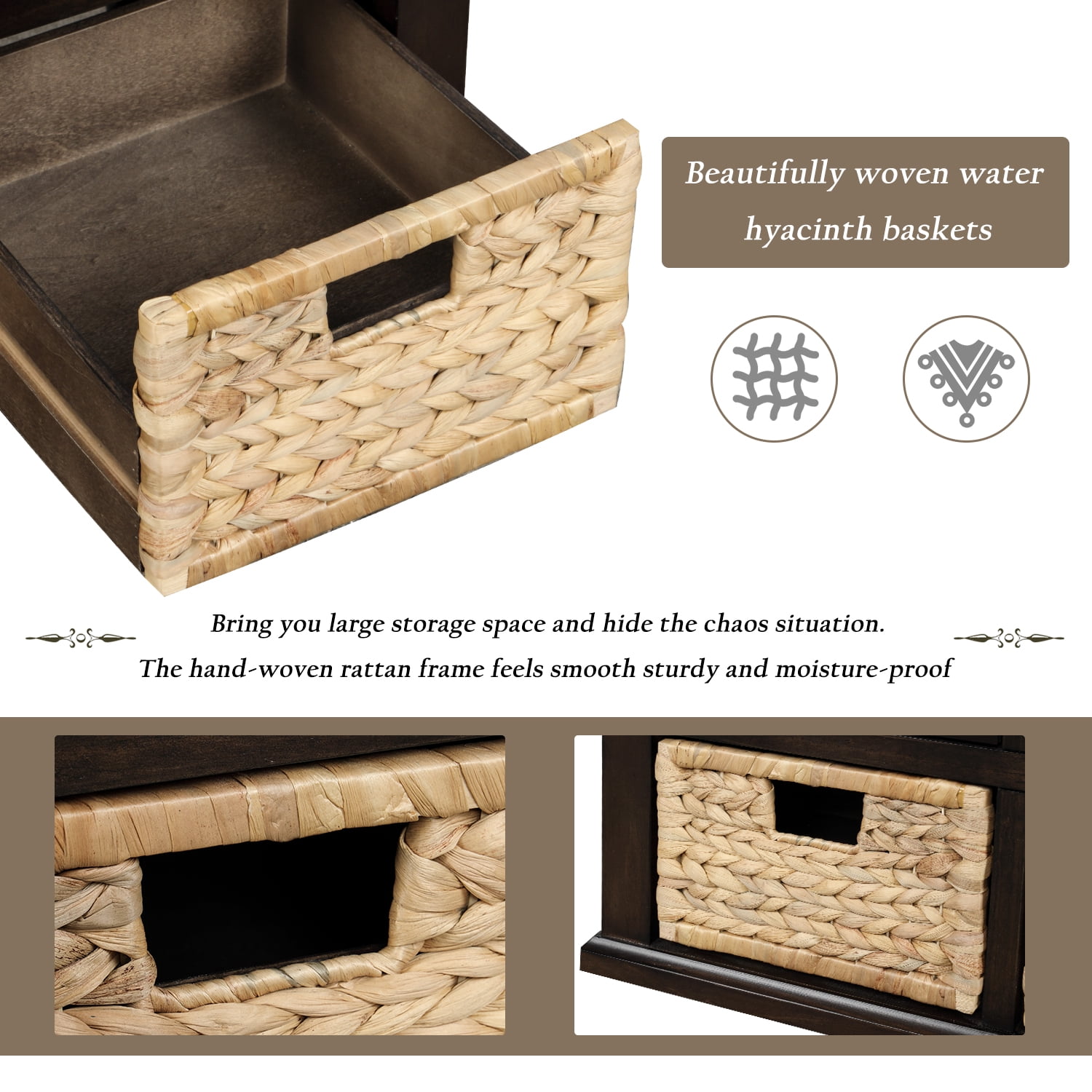 Aukfa Wood Storage Bench with 3 Drawers & 3 Rattan Baskets for Bedroom Living Room,Espresso
