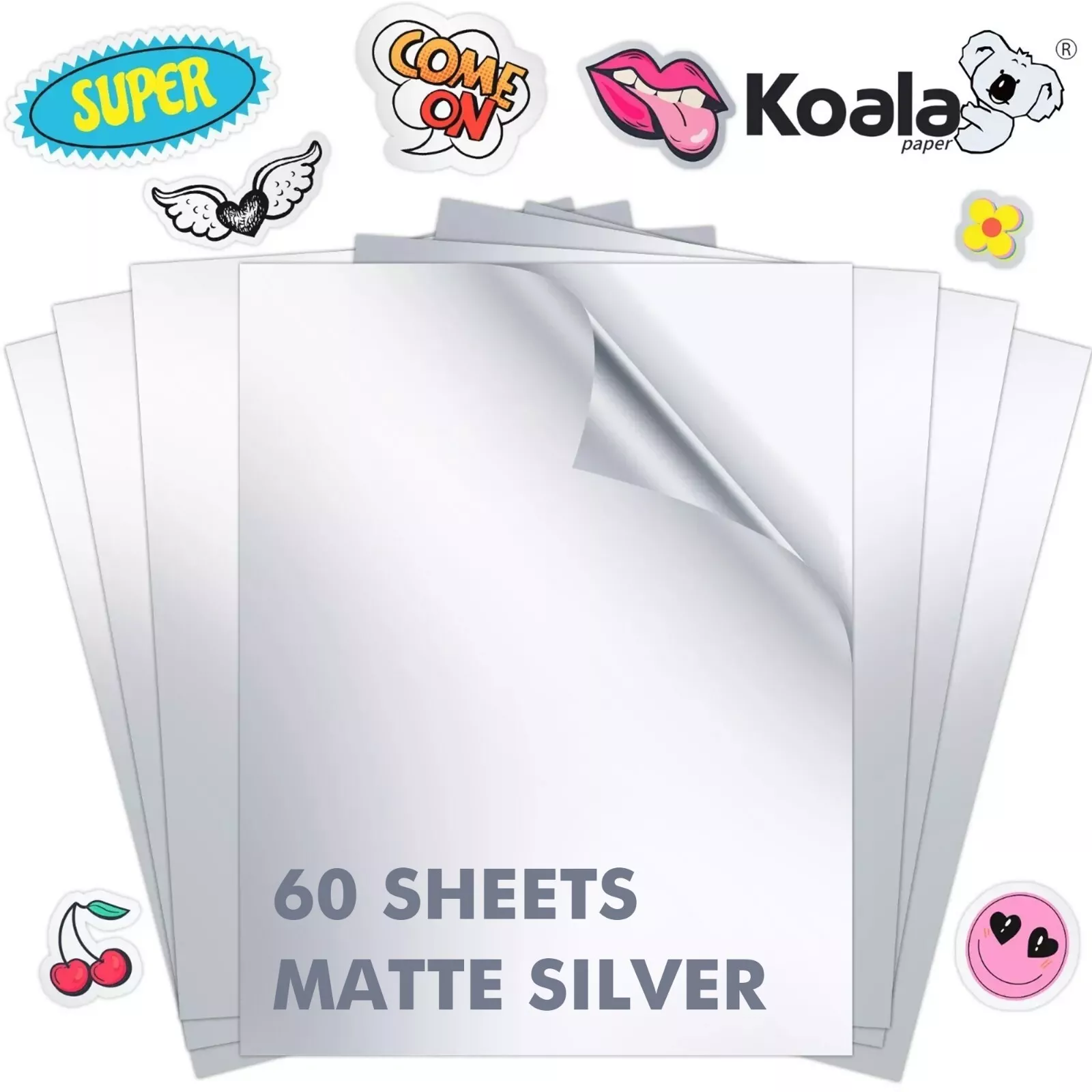 KOALA Printable Matte Silver Vinyl Sticker Paper for Inkjet Printers 60 Ct, Waterproof Sticker Paper for Printers 8.5x11, Cutters