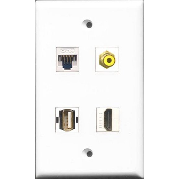 RiteAV 1 Port HDMI and 1 Port RCA Yellow and 1 Port USB A-A and 1 Port Cat5e Ethernet White Wall Plate