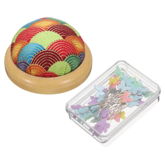 Uxcell Pin Cushion Wooden Base with 50 Pieces Sewing Pins Set for Quilting and Crafts Color Fish Scales