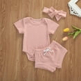 thumbnail image 1 of Ensemble de Trois Pièces pour Enfants de Couleur Unie Col Rond Manches Courtes Romper + Pantalon + Bandeau (Rose/blanc/vert/café), 1 of 5