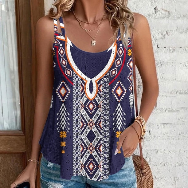 Puntoco Camisetas sin mangas ajustadas para mujer Camiseta sin mangas holgada informal de verano con cuello redondo y estampado a la moda para mujer