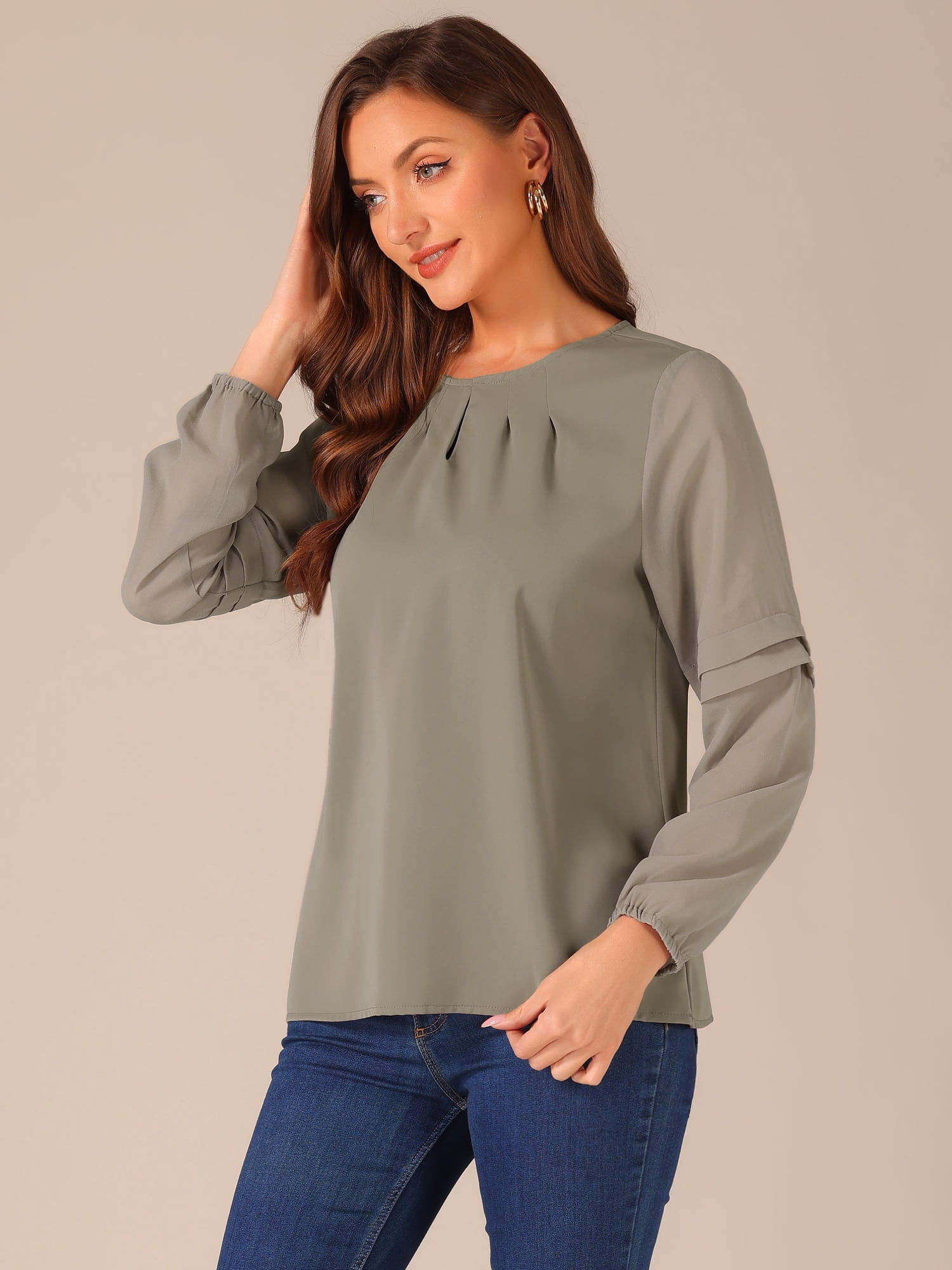 DARING DIVA Chiffon Semi Sheer Long Sleeves Keyhole Neck Blouse L Brown Grey