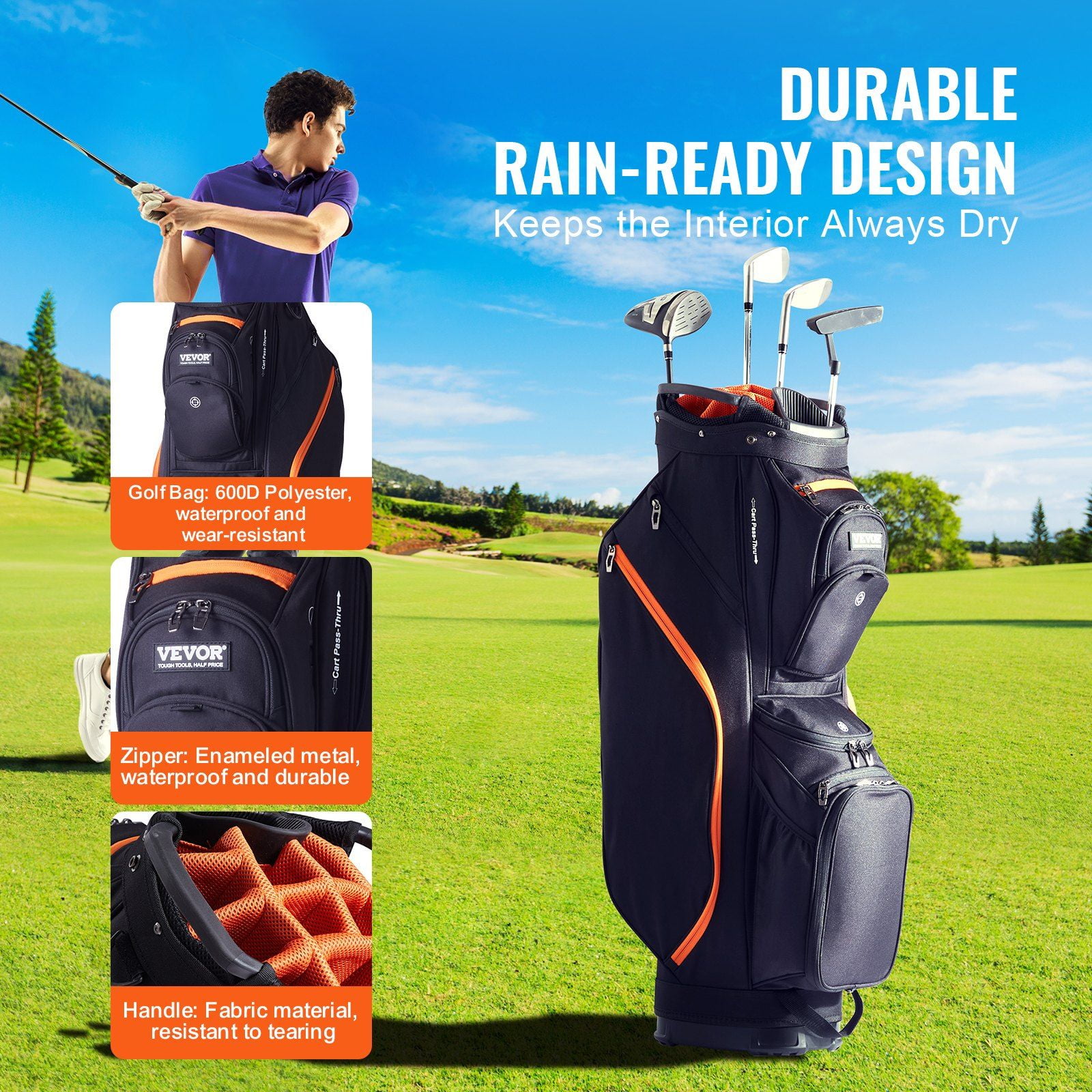 Golf Cart Bag with 14 Way Organizer Divider Top, 36' 13 Pockets Premium Cart Bag, Durable Golf Bags with Handles & Dust Cover & Detachable Straps for Men & Women, Black & Orange