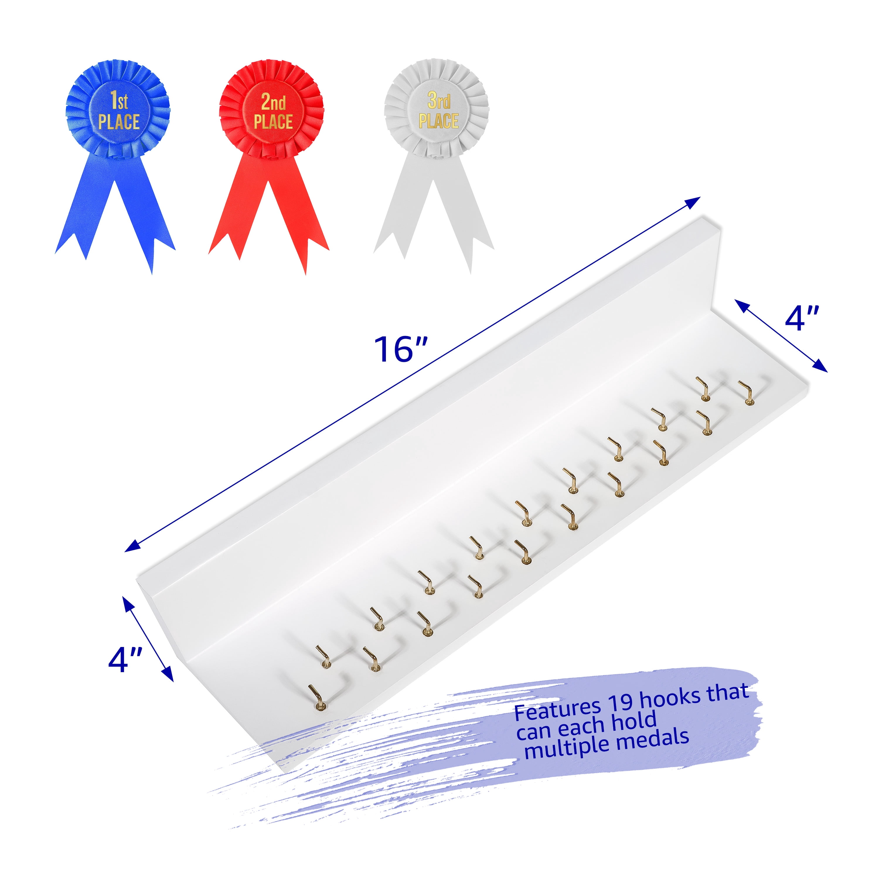 Trophy, Medal & Ribbon Display Shelf with Hanging Hooks