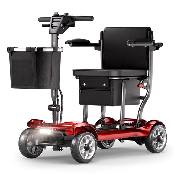 REARFIT Lightweight 4 Wheel Mobility Scooter for Seniors, Cruise Airport Approved, 43lb Foldable Mobility Scooter with Removable Lithium Battery for 12.4 Miles Travel, 300lbs Capacity, Red