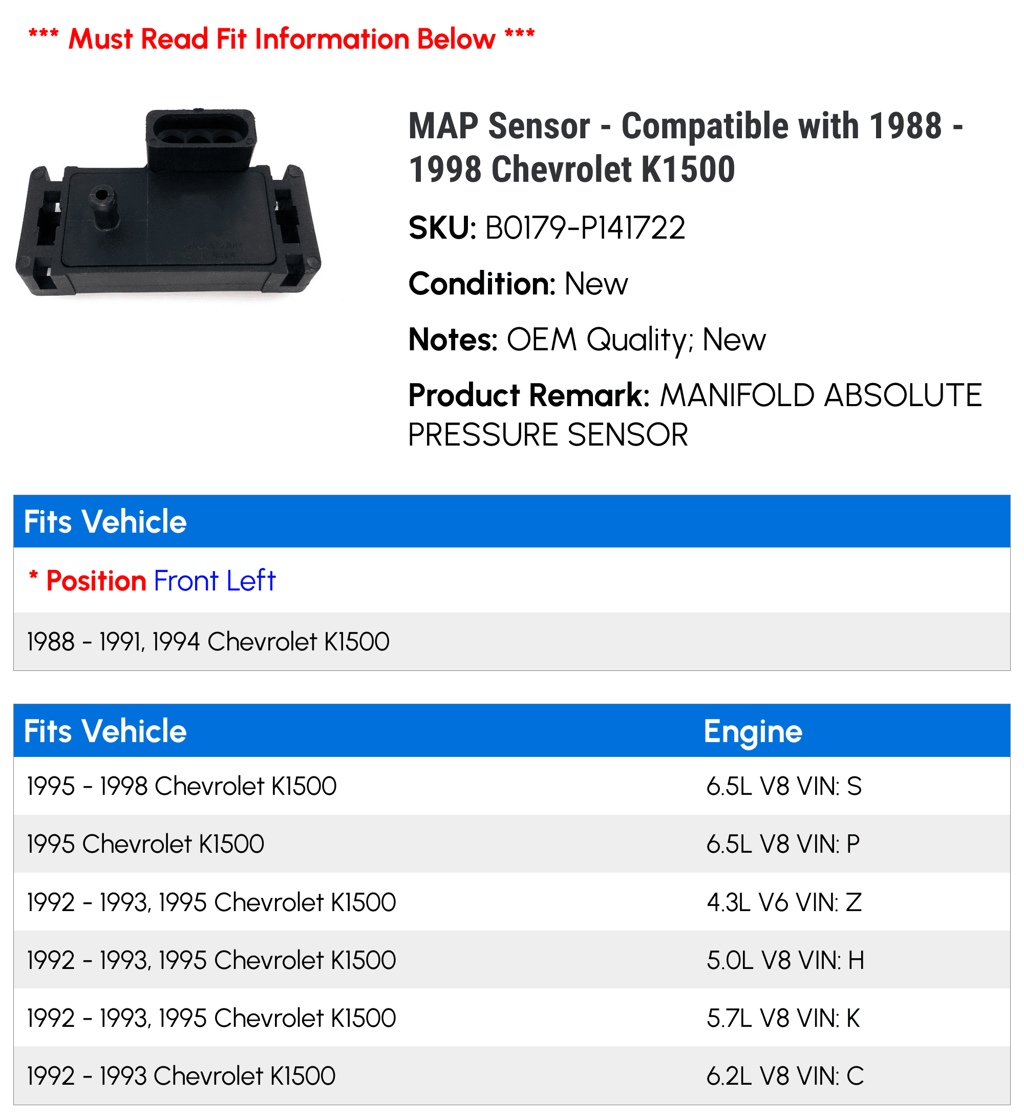 MAP Sensor - Compatible with 1988 - 1998 Chevy K1500 1989 1990 1991 1992 1993 1994 1995 1996 1997