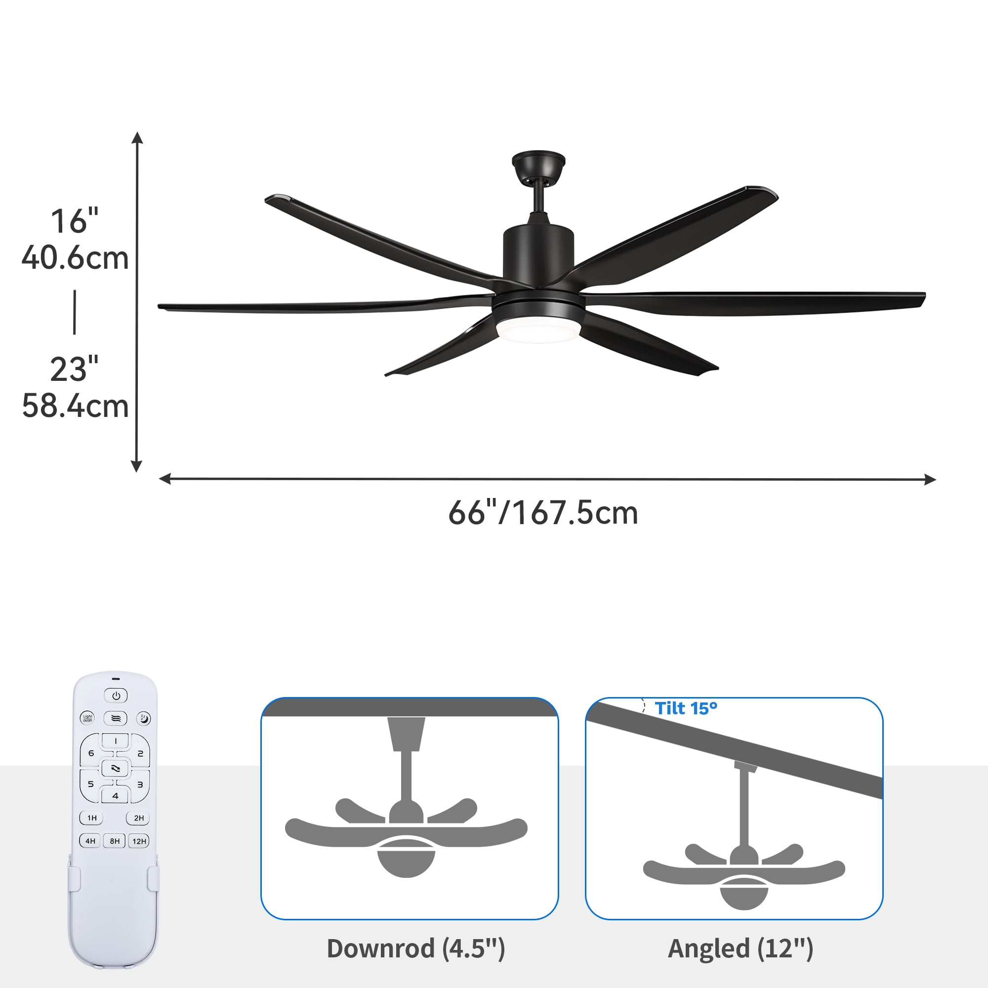 Uforic Modern 66" 6-Blade Ceiling Fan with LED Light, 6-Speed Reversible Outdoor Ceiling Fan for Patio, Quiet DC Motor, App & Remote Control (Black)