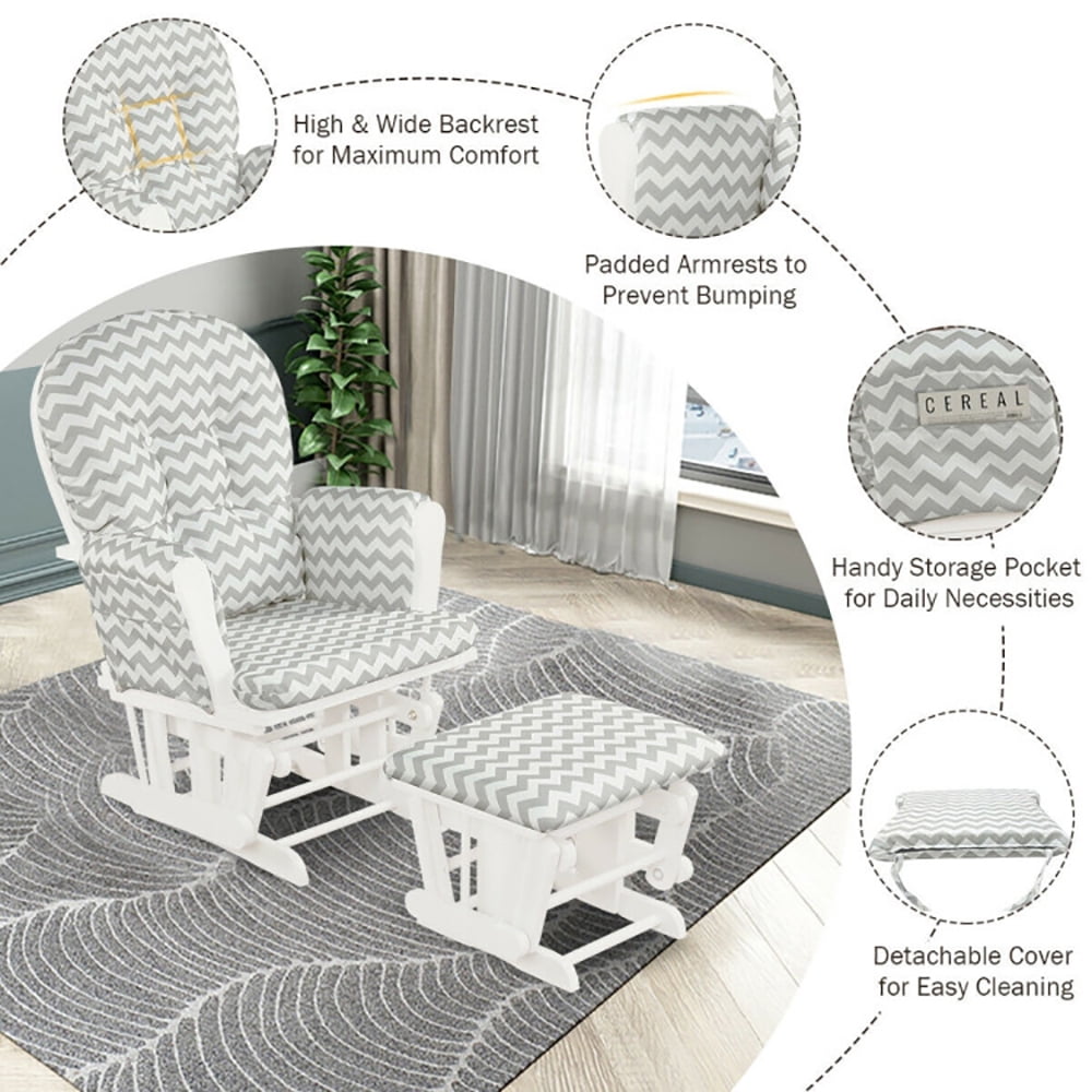 Finihen Glider and Ottoman Cushion Set, Wooden Rocking Nursery Chair with Cushioned Armrests Detachable Cushion, Upholstered Glider with Nursing Ottoman, for Napping, Nursing, Reading, Gray and White Finihen Glider and Ottoman Cushion Set, Wooden Rocking Nursery Chair with Cushioned Armrests Detachable Cushion, Upholstered Glider with Nursing Ottoman, for Napping, Nursing, Reading, Gray and White