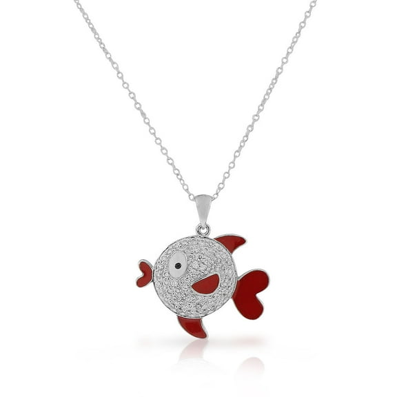 925 Sterling Silver Red Enamel White Clear CZ Fish Pendant Necklace, 18"