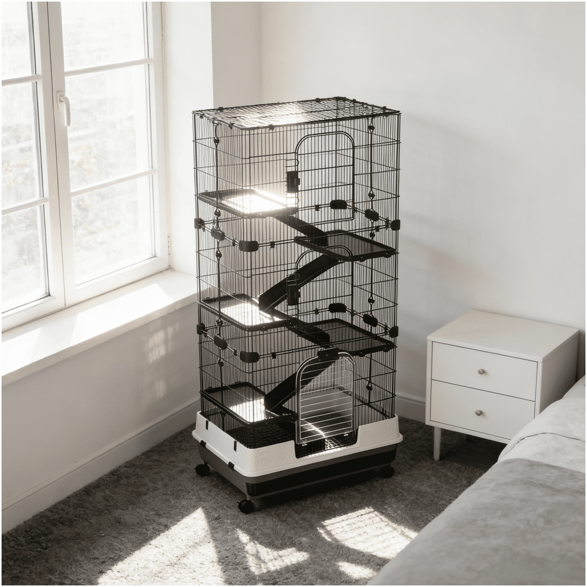 Spacious Rabbit Cage for Indoor Small Pets, Multi-Level Ferret Home with Wheels, Steel and PP Habitat in Black or White