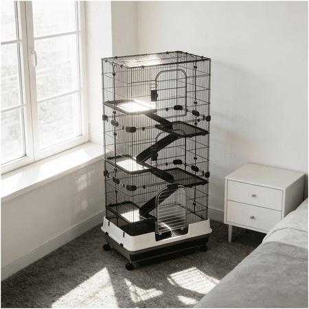 Spacious Rabbit Cage for Indoor Small Pets, Multi-Level Ferret Home with Wheels, Steel and PP Habitat in Black or White