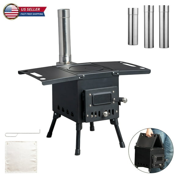 IVV Tent Stove, Portable Camping Wood Burning Stoves Stainless Steel with Chimney Pipes for Outdoor Cookout, Hiking, Travel, Backpacking Trips (Black)
