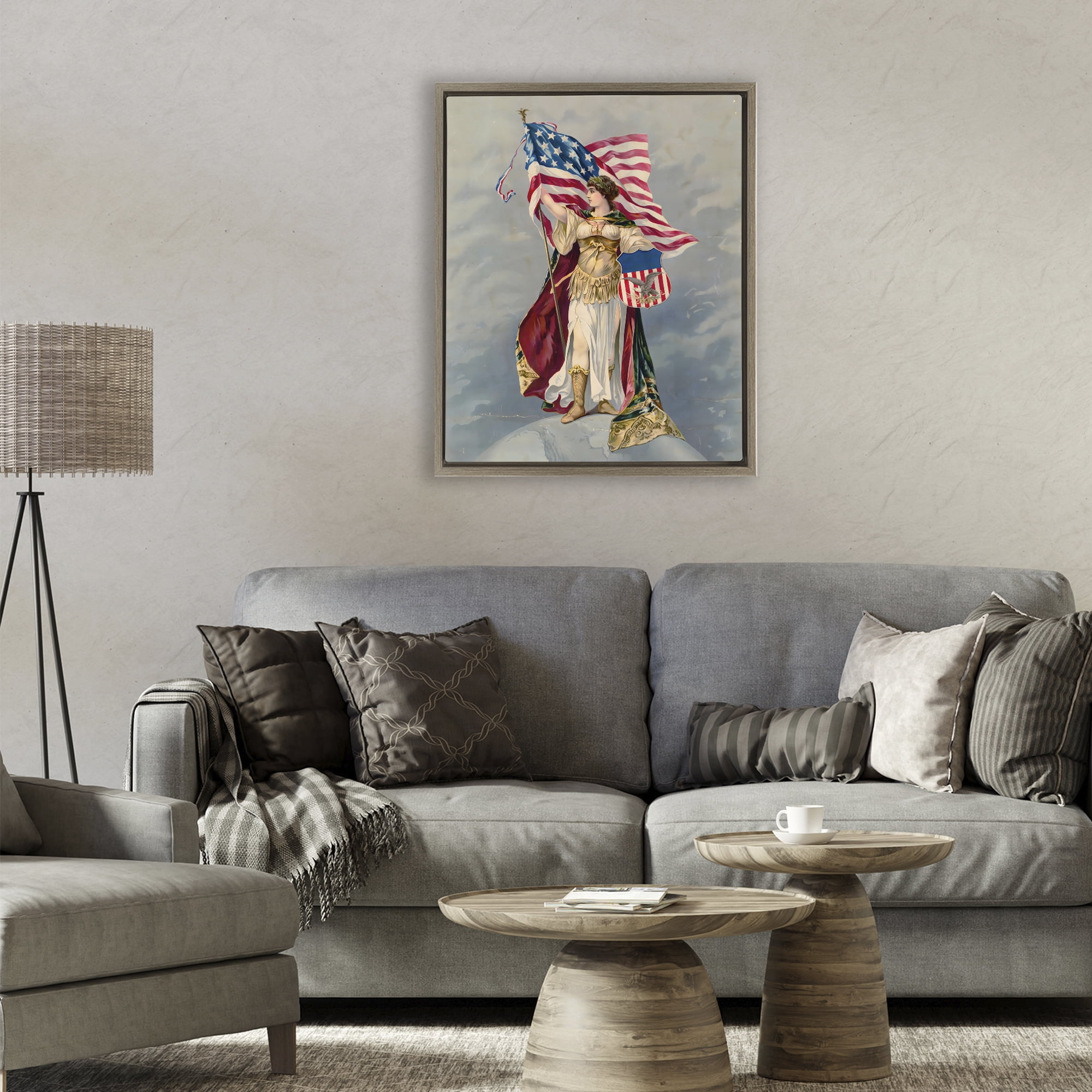 Stupell Industries Columbia Standing with American Flag Brown Framed Floater Canvas Wall Art, design by Arlington Prints