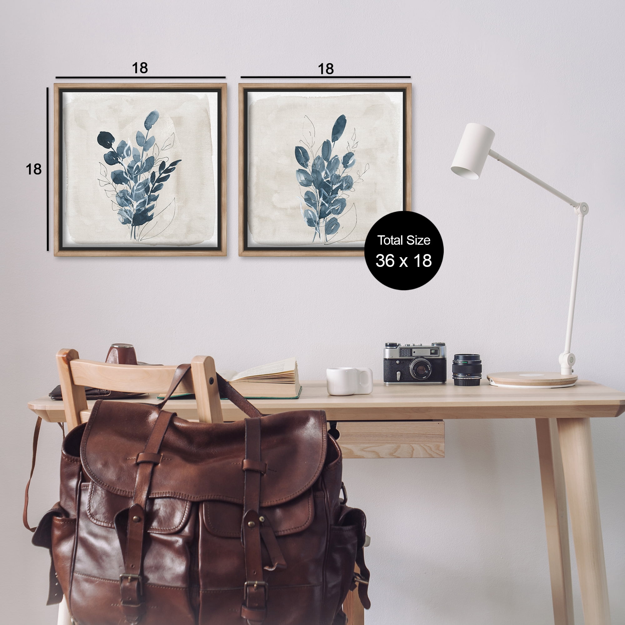 Stupell Industries Blue Summer Leaves Plants & Flowers Painting Brown Floater Framed Canvas Art Print Wall Art, 18 x 18, Set of 2