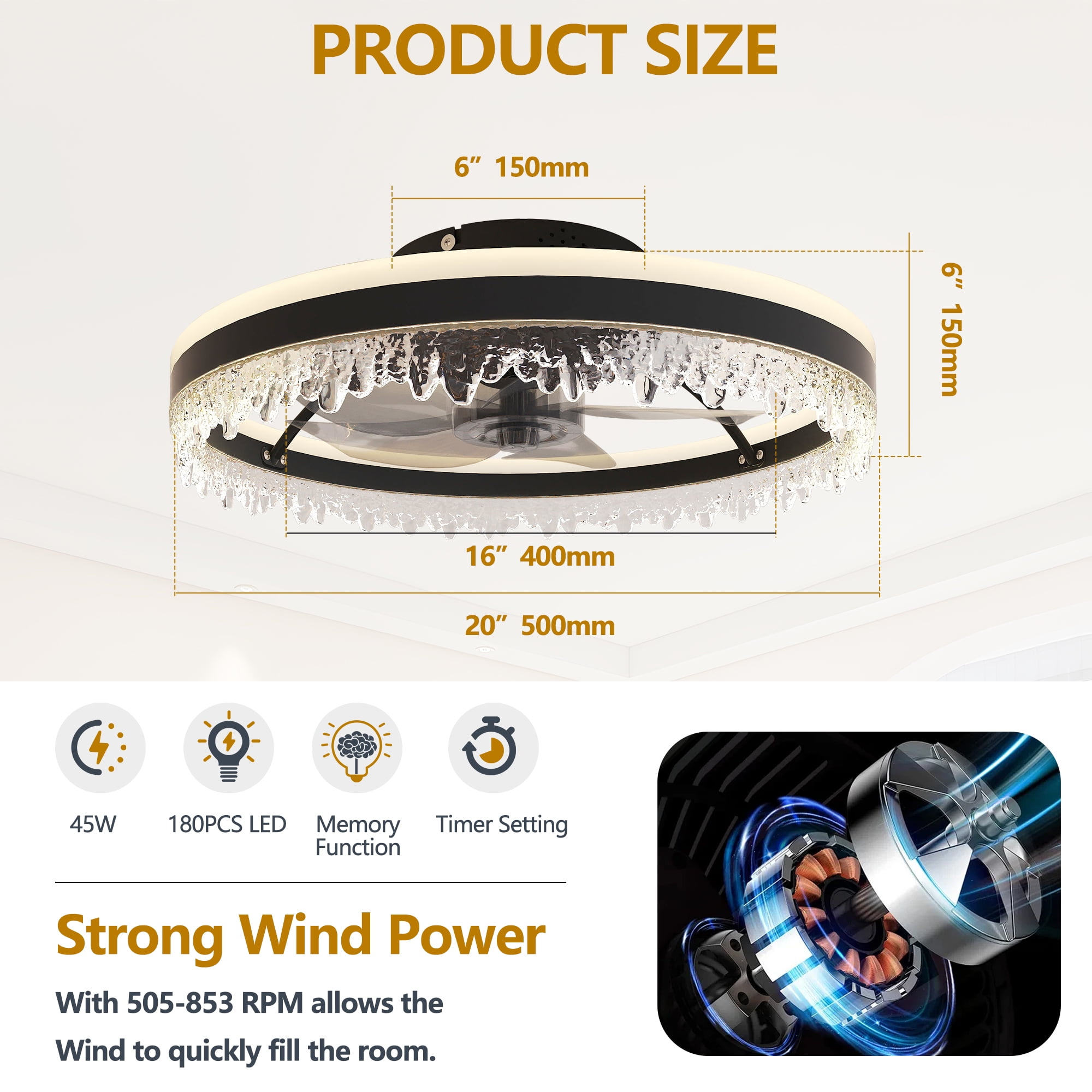 Leumius Modern LED Ceiling Fan with Light, 20In Dimmable Ceiling Light with Invisible Blades and Crystal Design, Remote Control & Adjustable Color Temperature for Bedroom, Living Room,Black